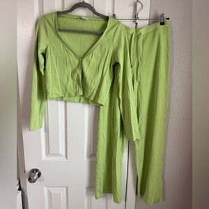 ZARA Matching Set Green Pants and Front Button Cardigan Long Sleeve Top Ribbed S